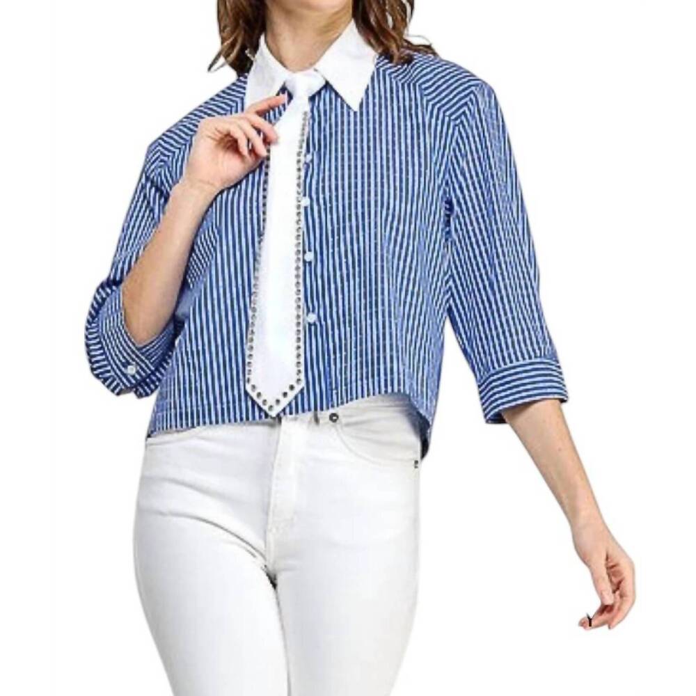 NEW PASTEL DESIGN roberta embellished striped cropped shirt with tie in blue